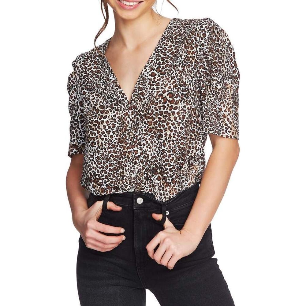 1. State Animal Print Blouse Sz XS V-Neck Puff Short Sleeve Button Front Top